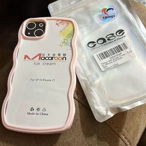 iPhone 14 Plus Case‎ Clear Curly Wave Frame  Shockproof Protective Cover Pink